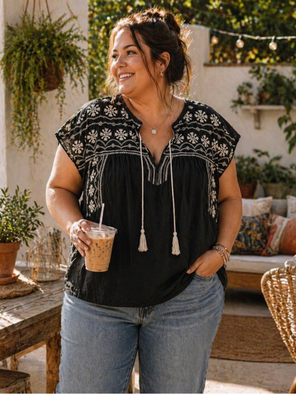 Lucky Brand Boho Embroidered Peasant Blouse Black White Tassel XL